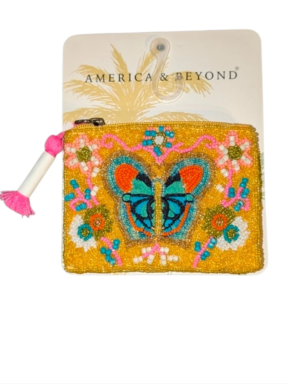 💛▪️America & Beyond▪️ Yellow Beaded Butterfly Coin Purse with Pink Tassel